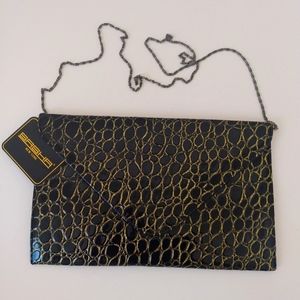 Sasha New York Black Gold Mag Snap Chain Strap Clutch Shoulder Bag NWT
